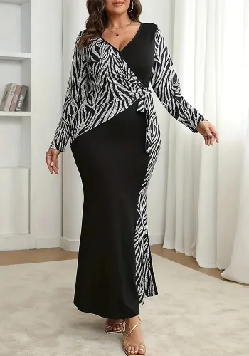 Plus Size Women v-neck elegant long-sleeved color matching dress