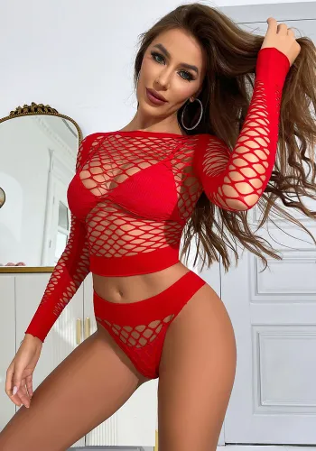 Women Mesh long-sleeved bikini mesh clothes Two Piece Set