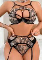 Women Hollow Bra T Embroidery Patchwork Sexy Lingerie Three-Piece