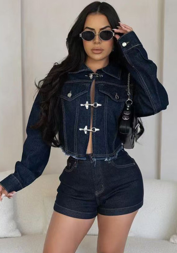 Women casual elastic denim long-sleeved top and shorts Two Piece Set
