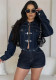 Women casual elastic denim long-sleeved top and shorts Two Piece Set
