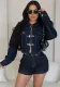 Women casual elastic denim long-sleeved top and shorts Two Piece Set