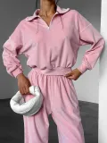 Pink Fashion Sports Suit Autumn Winter Zipper Turndown Collar Two-Piece Women Pants Set