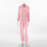 Pink Fashion Sports Suit Autumn Winter Zipper Turndown Collar Two-Piece Women Pants Set