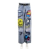 Women printed ripped denim pants