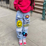 Women printed ripped denim pants