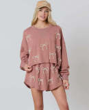 Women's Fashion Casual Sports Pearl Butterfly Beading Long Sleeve Top Shorts Two Piece Set
