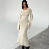 Solid Color Ruffle Low Back Women Knitting Long Dress