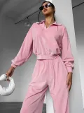 Pink Fashion Sports Suit Autumn Winter Zipper Turndown Collar Two-Piece Women Pants Set