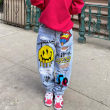 Women printed ripped denim pants
