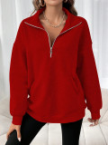 Autumn Winter Fashion Zipper Turndown Collar Solid Color Casual Women Top