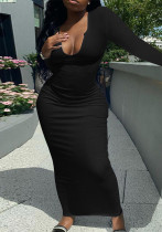Women Long Sleeve Ribbed Sexy U-neck dress