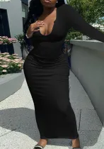 Women Long Sleeve Ribbed Sexy U-neck dress