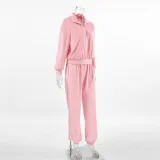 Pink Fashion Sports Suit Autumn Winter Zipper Turndown Collar Two-Piece Women Pants Set