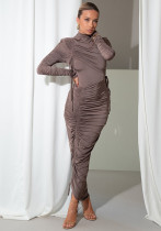 Women Long-sleeved Gathered Drawstring Lace-Up Sexy Dress