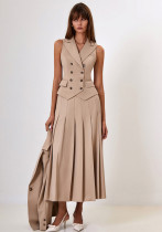 Autumn Chic Elegant Long Skirt Suit Sleeveless Vest Pleated Long Skirt Two-Piece Set
