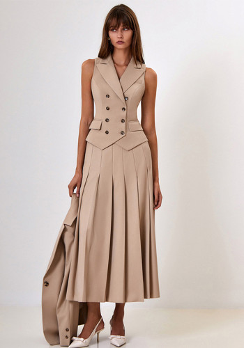 Autumn Chic Elegant Long Skirt Suit Sleeveless Vest Pleated Long Skirt Two-Piece Set