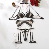 Women metal chain Pu-Leather Patchwork Sexy lingerie five-piece set
