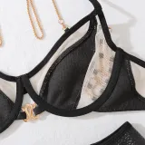 Women metal chain Pu-Leather Patchwork Sexy lingerie five-piece set