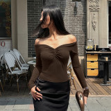 Women's Autumn Off Shoulder Slim Pleated Long Sleeve Shirt Top