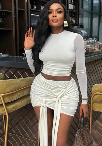 Women's Solid Color Round Neck Mesh Patchwork Crop Top Ribbon Skirt Two Piece Set