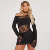 Autumn Solid Color Slash Shoulder Long Sleeve Sexy Lace Patchwork Short Dress