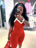 Summer Fashion Elastic Contrast Color Halter Neck Vest Top Tight Fitting Mid-Length Pants Two Piece Set
