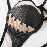 Women metal chain Pu-Leather Patchwork Sexy lingerie five-piece set