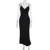 Autumn Holidays Sexy Deep V Low Back Strap Long Dress