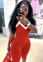 Summer Fashion Elastic Contrast Color Halter Neck Vest Top Tight Fitting Mid-Length Pants Two Piece Set