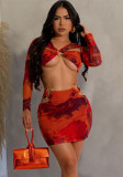 Women's Autumn Winter Printed Hollow Metal Ring Crop Long Sleeve Top Short Skirt Two-Piece Set