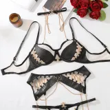 Women metal chain Pu-Leather Patchwork Sexy lingerie five-piece set