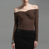 Women's Autumn Off Shoulder Slim Pleated Long Sleeve Shirt Top