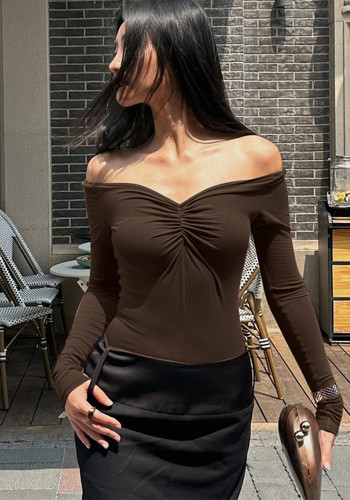 Women's Autumn Off Shoulder Slim Pleated Long Sleeve Shirt Top