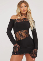 Autumn Solid Color Slash Shoulder Long Sleeve Sexy Lace Patchwork Short Dress