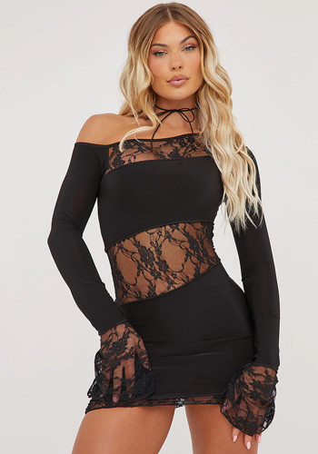 Autumn Solid Color Slash Shoulder Long Sleeve Sexy Lace Patchwork Short Dress