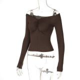 Women's Autumn Off Shoulder Slim Pleated Long Sleeve Shirt Top