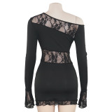 Autumn Solid Color Slash Shoulder Long Sleeve Sexy Lace Patchwork Short Dress