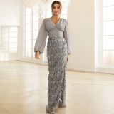 Women Sexy Long Sleeve V Neck Sequin Tassel Formal Party Evening Dress
