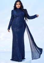 Plus size Women long sleeve round neck Neck Formal Party Sequined Fishtail Maxi Evening Dress