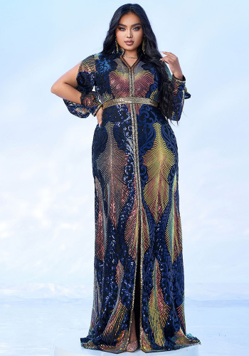 Plus size Women V neck formal party sequin fishtail maxi evening dress