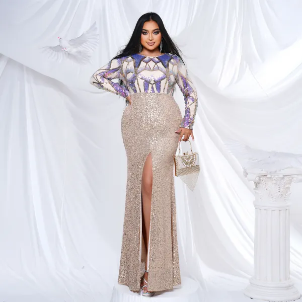 Plus Size Women Long Sleeve Round Neck Formal Party Sequined Fishtail Maxi Evening Dress