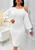 Women winter one-shoulder lantern sleeve Solid Bodycon Dress