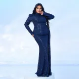 Plus size Women long sleeve round neck Neck Formal Party Sequined Fishtail Maxi Evening Dress