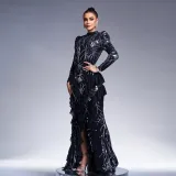 Women long sleeve round neck sexy sequins formal party maxi evening dress