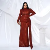 Plus size Women long sleeve round neck Neck Formal Party Sequined Fishtail Maxi Evening Dress