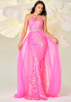 Women Sexy One Shoulder Slash Shoulder Sequin Mesh Formal Party Evening Dress