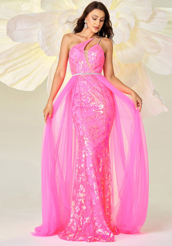 Women Sexy One Shoulder Slash Shoulder Sequin Mesh Formal Party Evening Dress