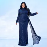 Plus size Women long sleeve round neck Neck Formal Party Sequined Fishtail Maxi Evening Dress
