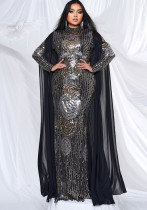 Plus Size Women Round Neck Formal Party Sequined Fishtail Maxi Evening Dress